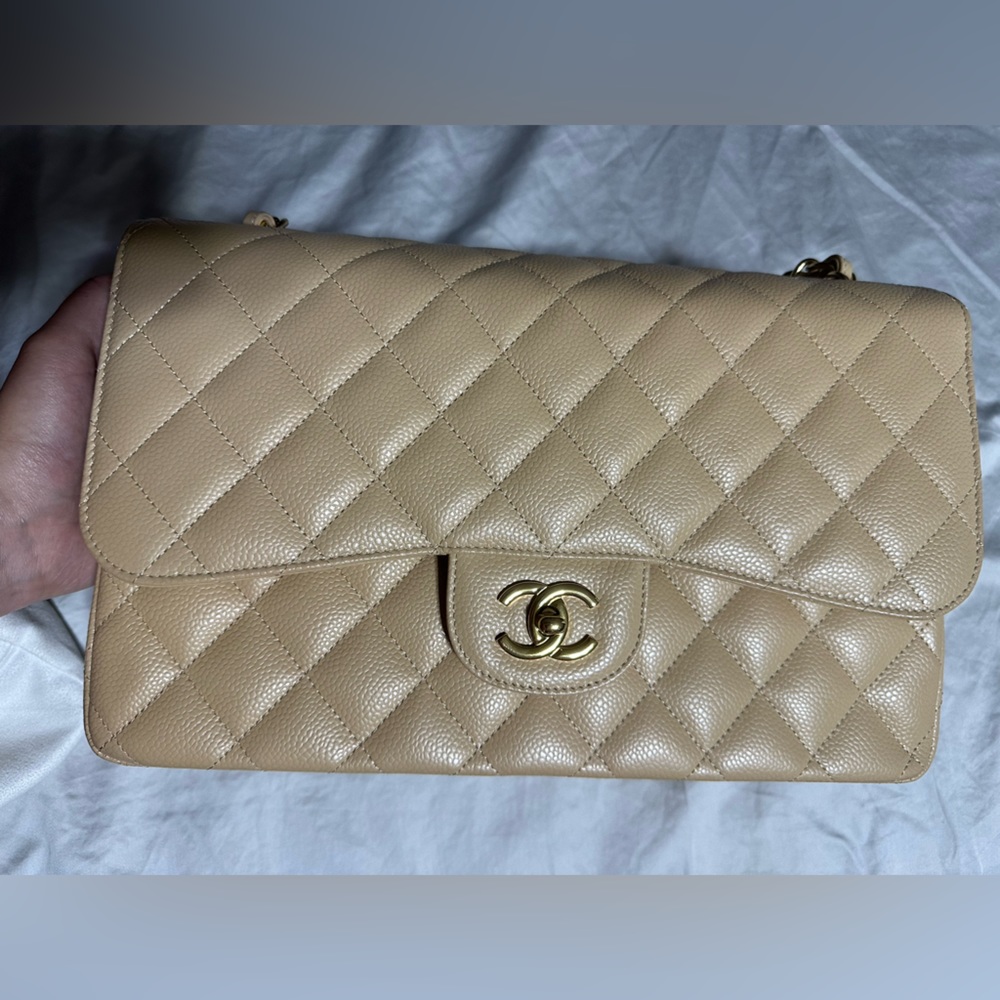 Chanel beige quilted caviar leather jumbo double flapbag
